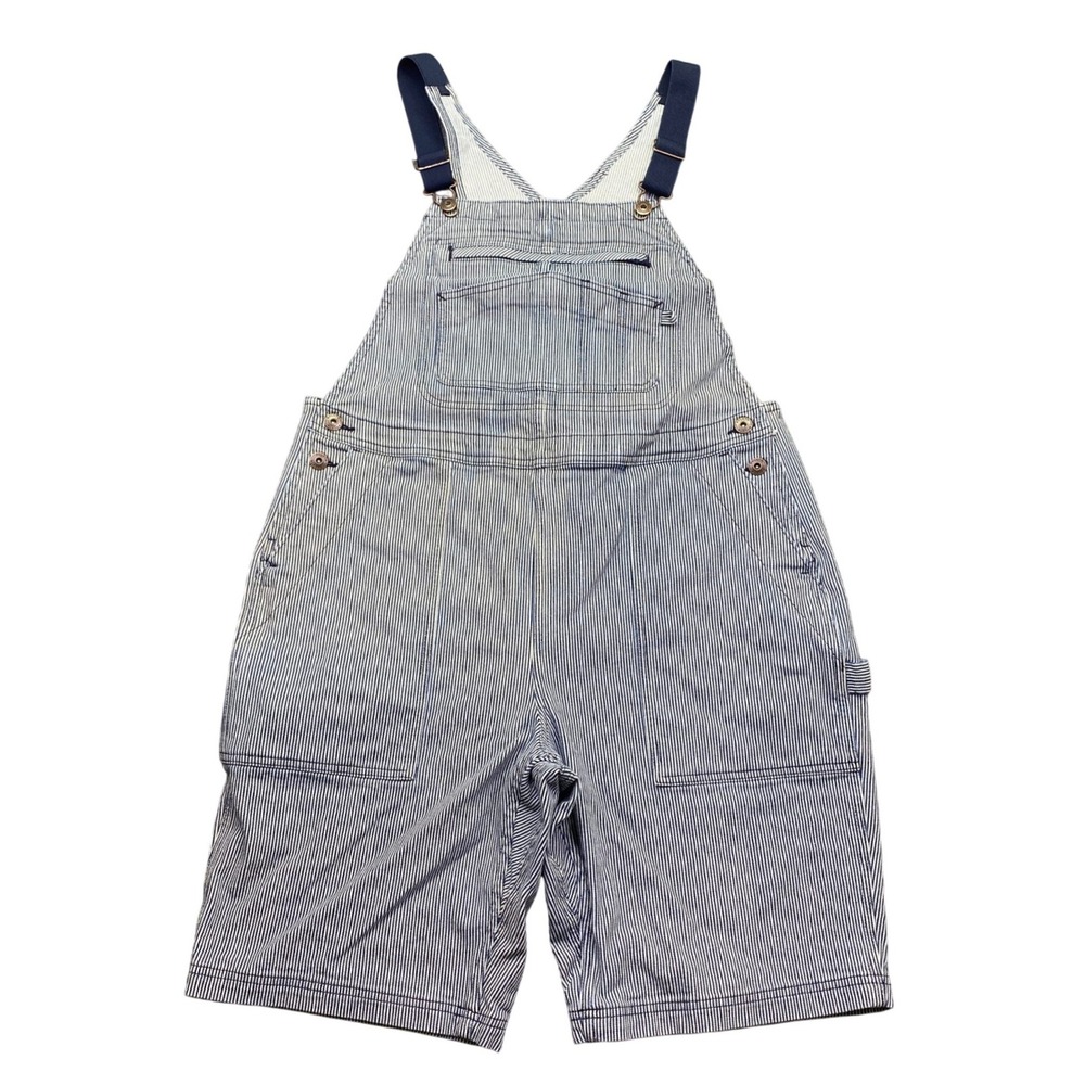 Duluth Trading Co Hickory Stripe Bib Overall Shorts Womens Sz M Blue White